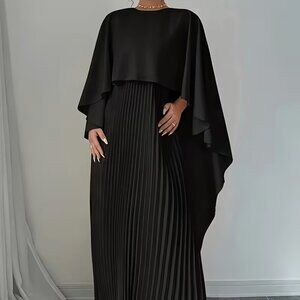 Black Long‎ Full Length Maxi Pleated Modest Cape Dress Women’s Size Medium